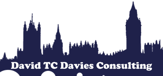 A logo for David TC Davies Consulting with a blue UK Parliament skyline