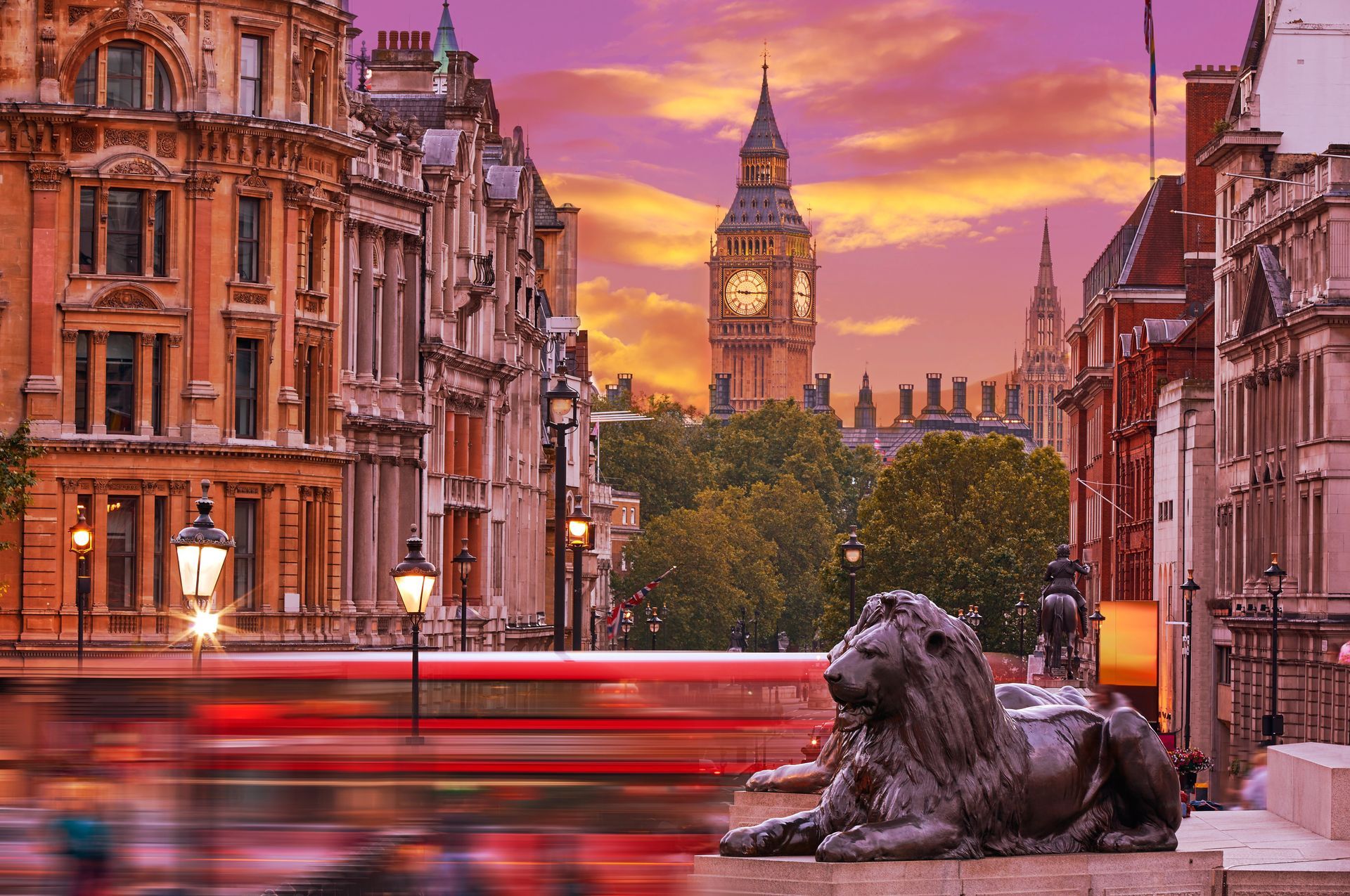 image of Trafalgar Square looking through Whitehall towards Big Ben in the background