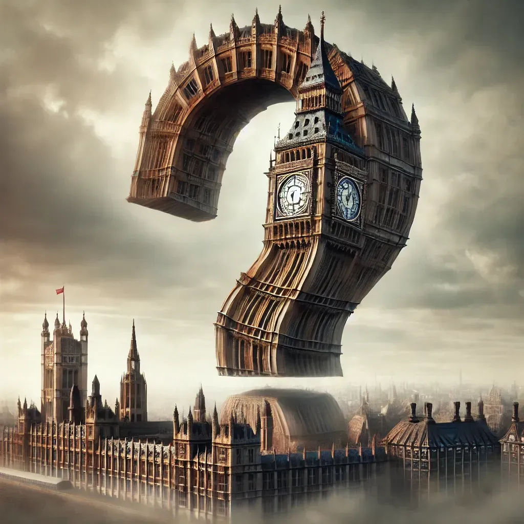 image of Big Ben in the shape of a Question Mark over the House of Commons - an abstrat design