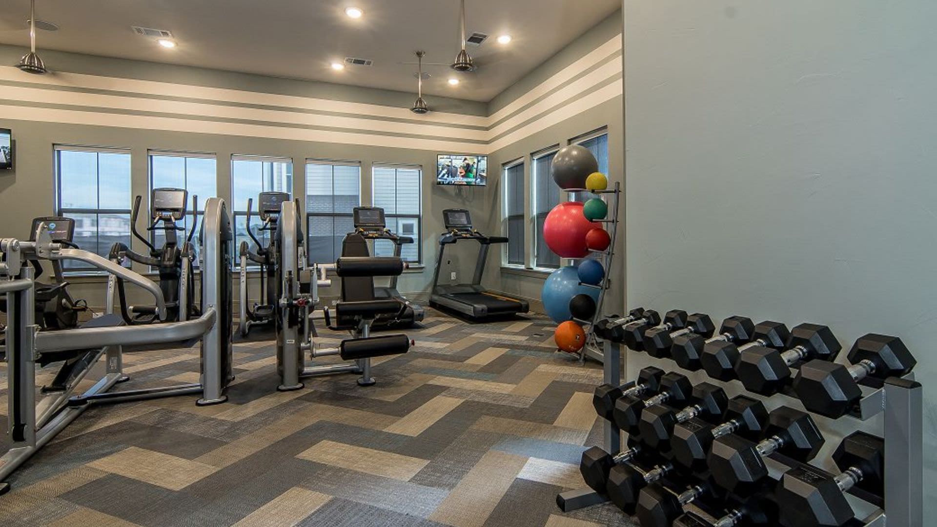 Interior view of a resident fitness center with cardio machines, free weights, and medicine balls.