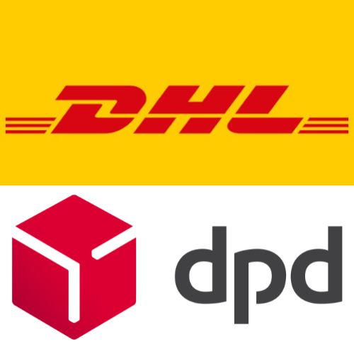 Logo's van DHL en DPD, in de kleuren geel en rood, met het DHL-logo boven een rode kubus en grijze
