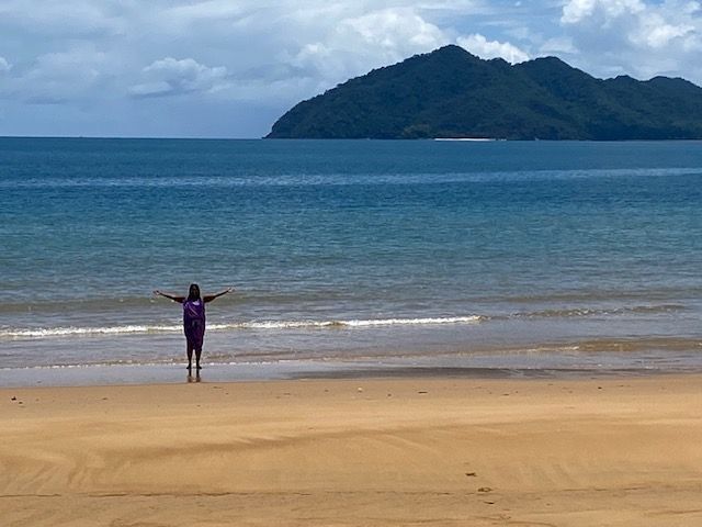 A person standing on a beach with their arms outstretched