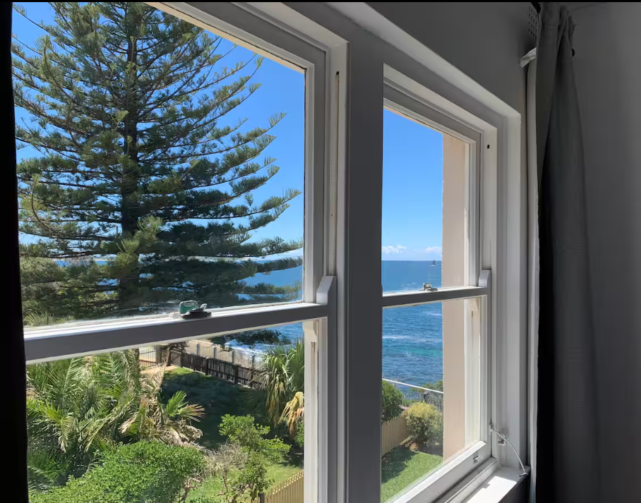 A window with a view of the ocean and trees