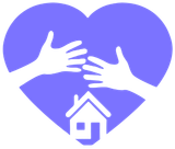 A purple heart with two hands and a house on it