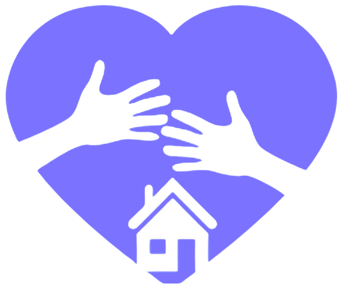 A purple heart with two hands and a house on it