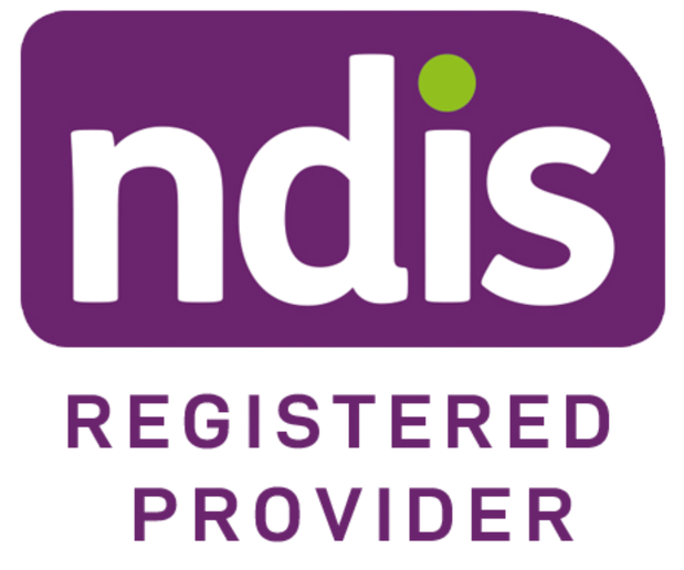 A purple and white logo for a registered provider