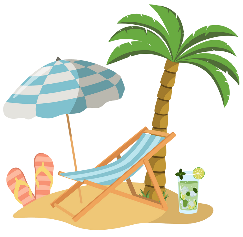 A beach chair , umbrella , sandals , and a drink are on the beach.