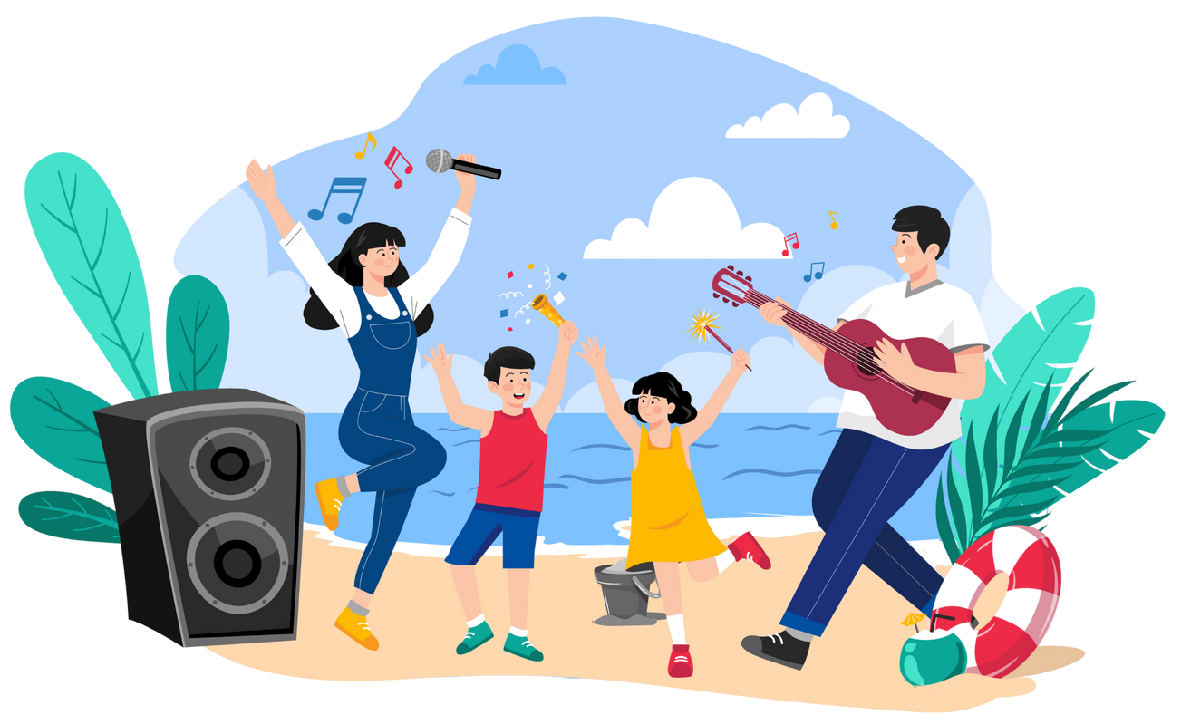 A family is dancing and singing on the beach.