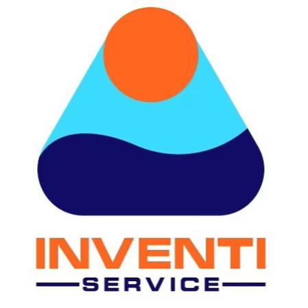 Logo: blue triangle with orange sun, dark blue water, orange "INVENTI SERVICE" text.