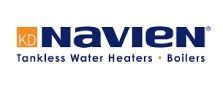 Navien logo: blue text "Navien" with "KD" in an orange square, beneath are words "Tankless Water Heaters • Boilers".