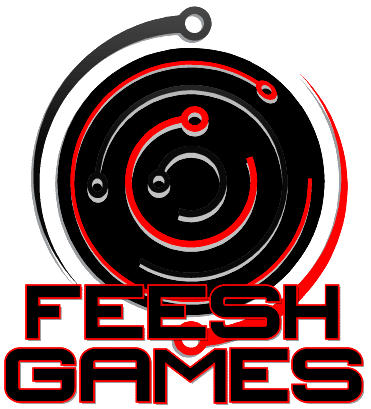 swirling objects on a black backgroud with the words Feesh Games super imposed