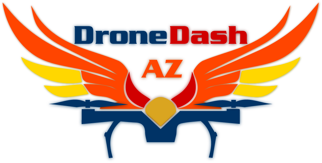 A logo for drone dash az shows a drone with wings