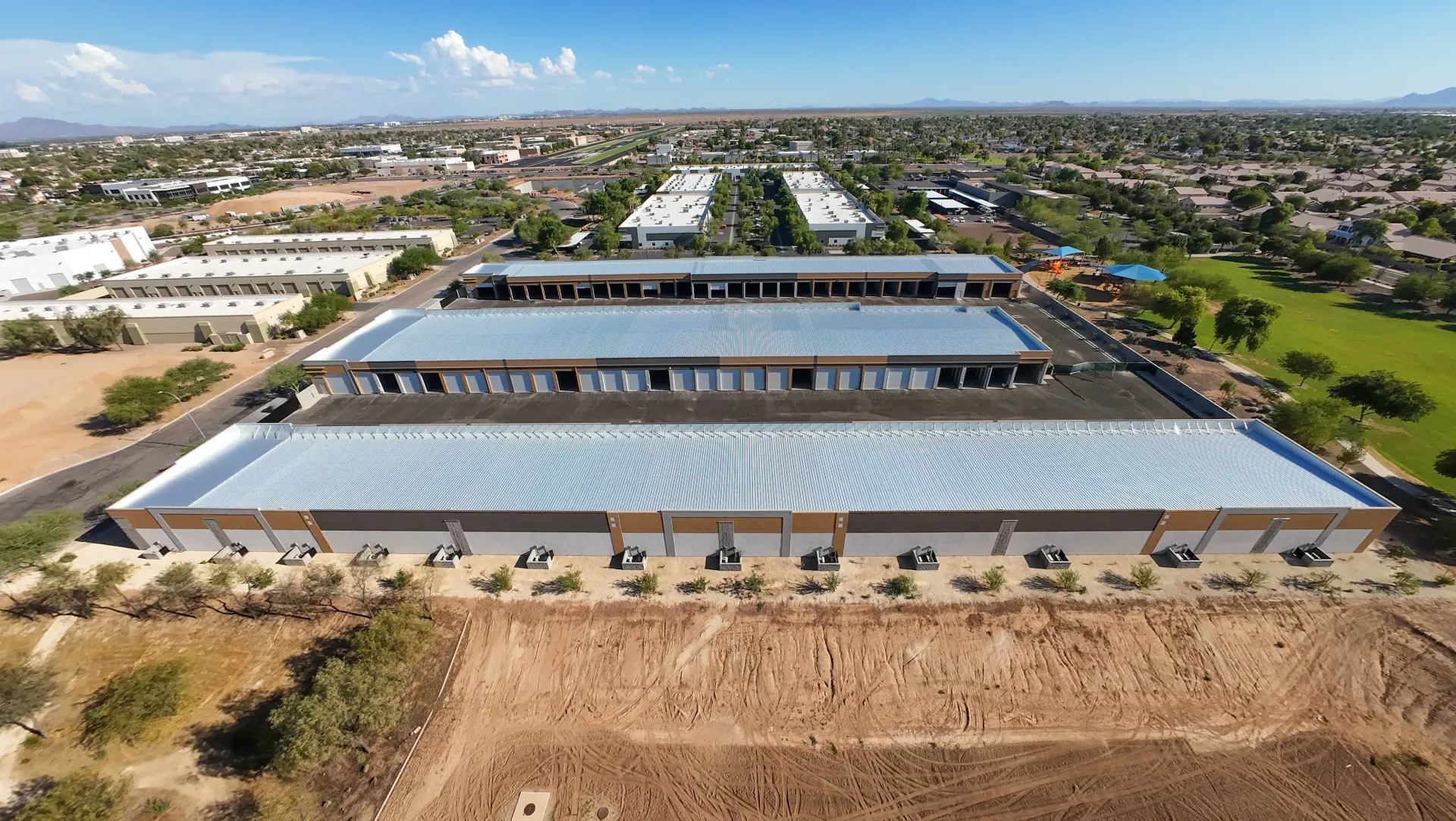 An aerial view of a large building with a lot of windows