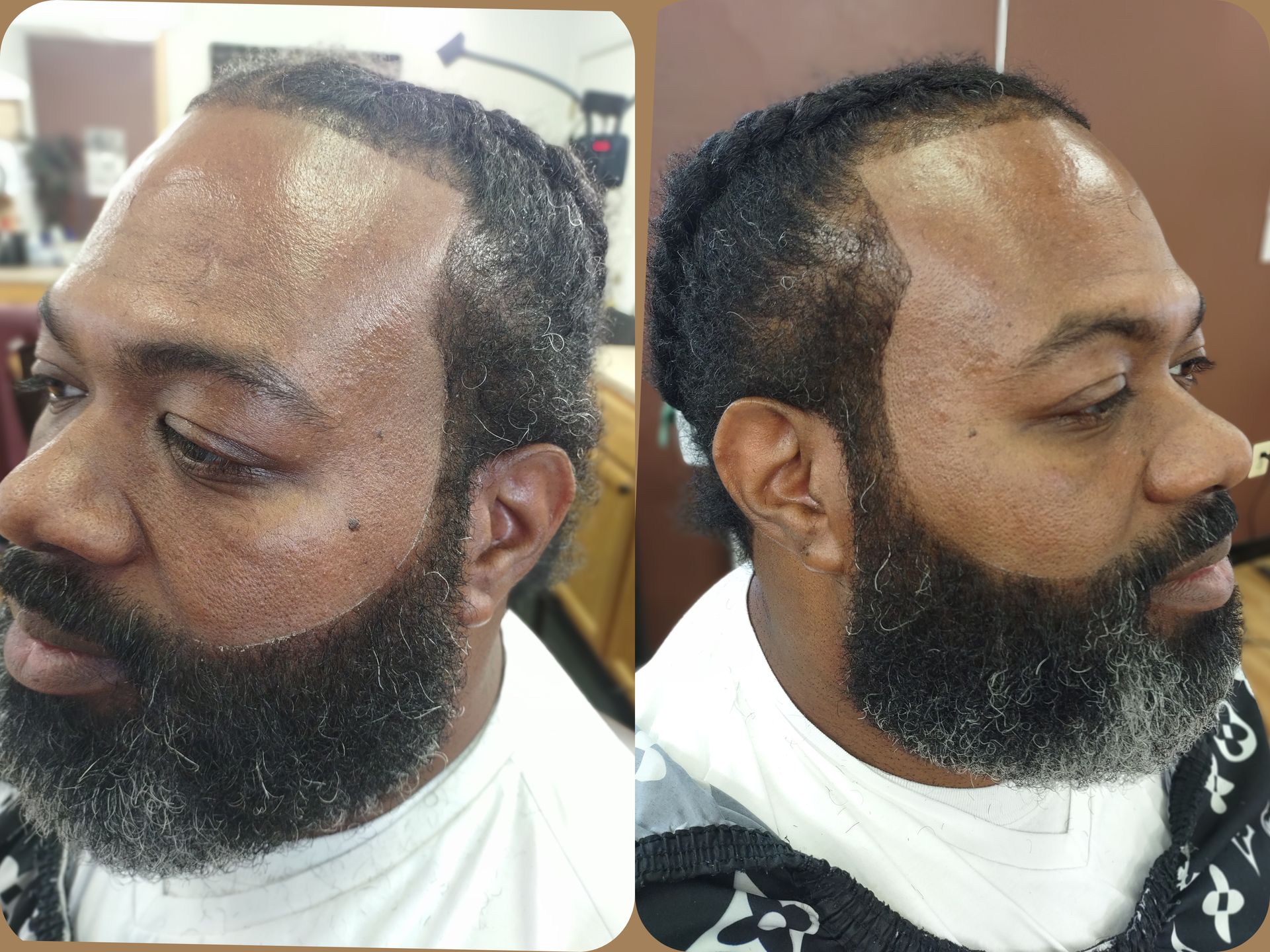 A man with a beard is getting his hair cut