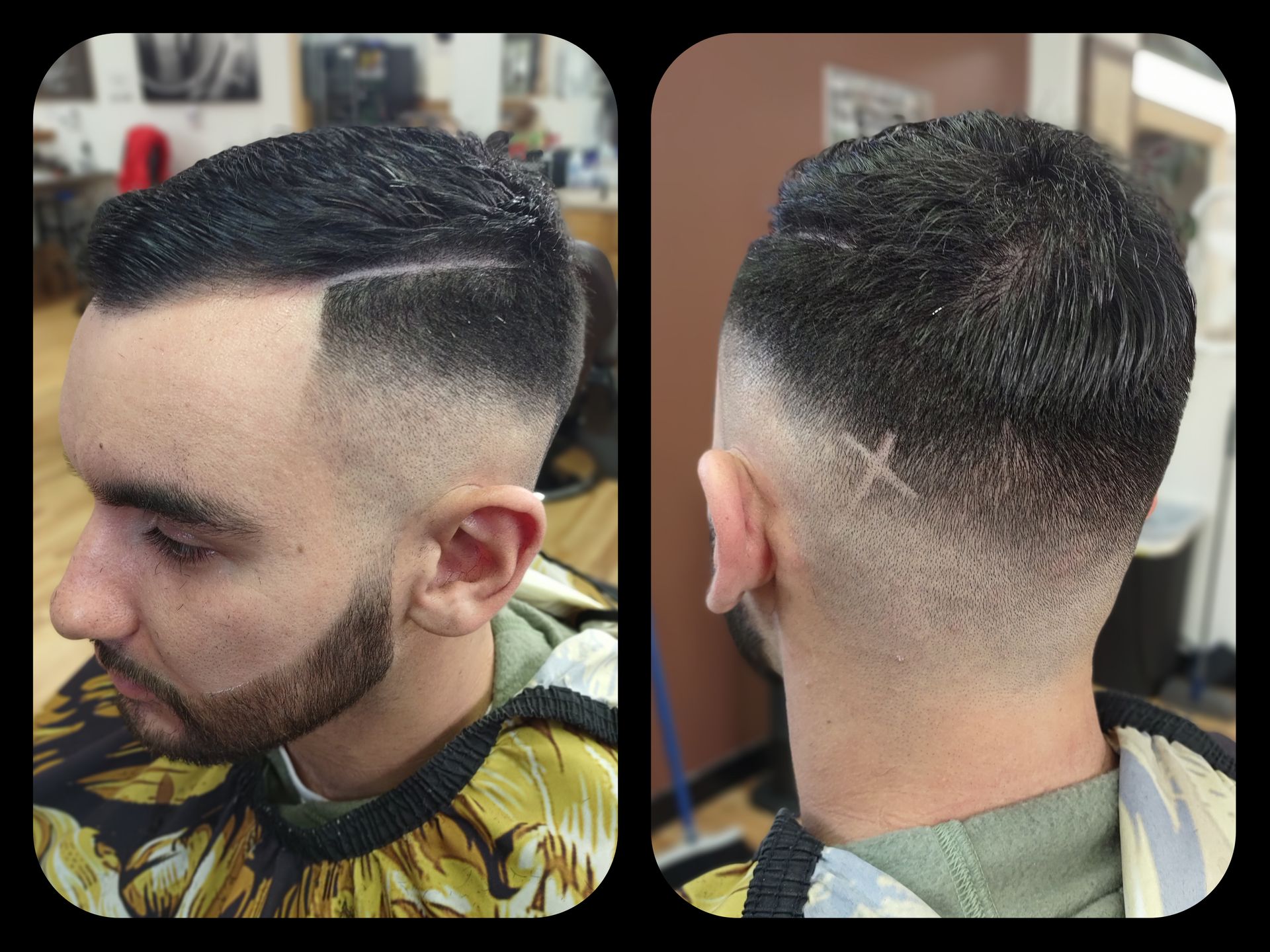 A man with a beard is getting his hair cut at a barber shop.