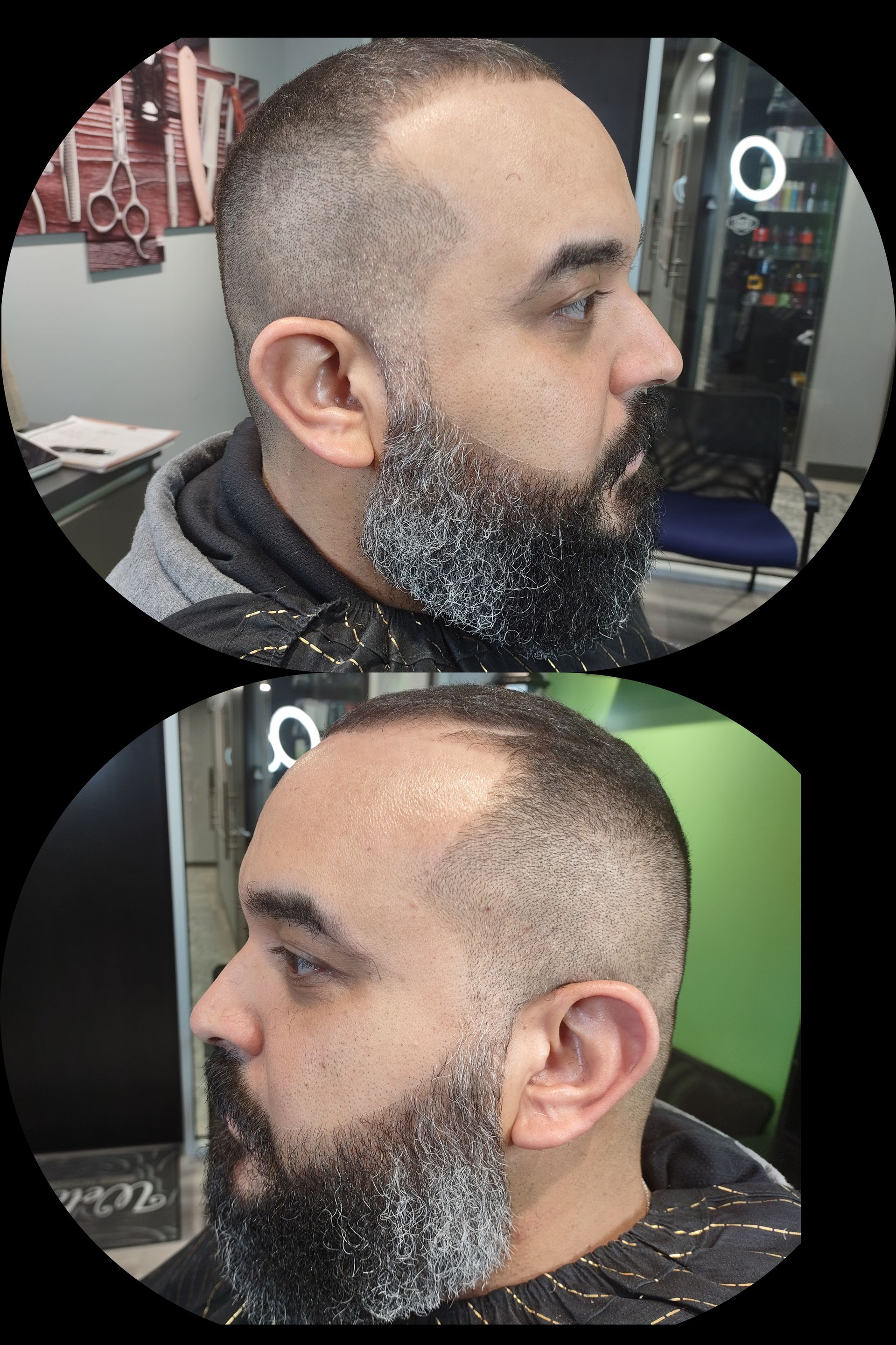 A man with a beard is getting his hair cut
