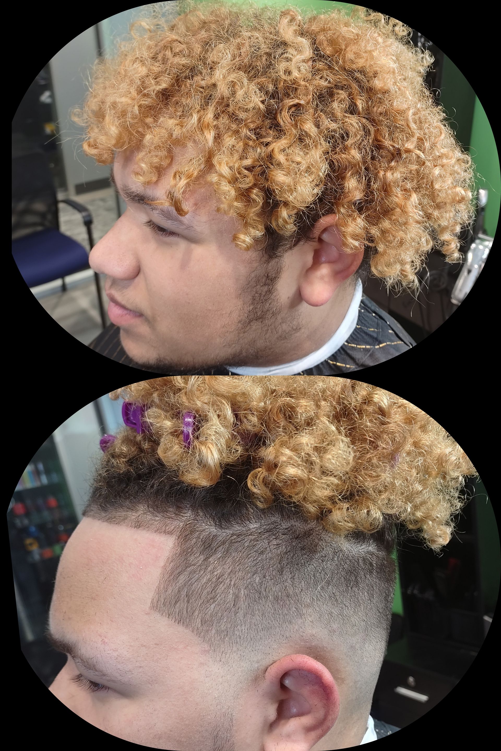 A man with curly hair is getting his hair cut by a barber.