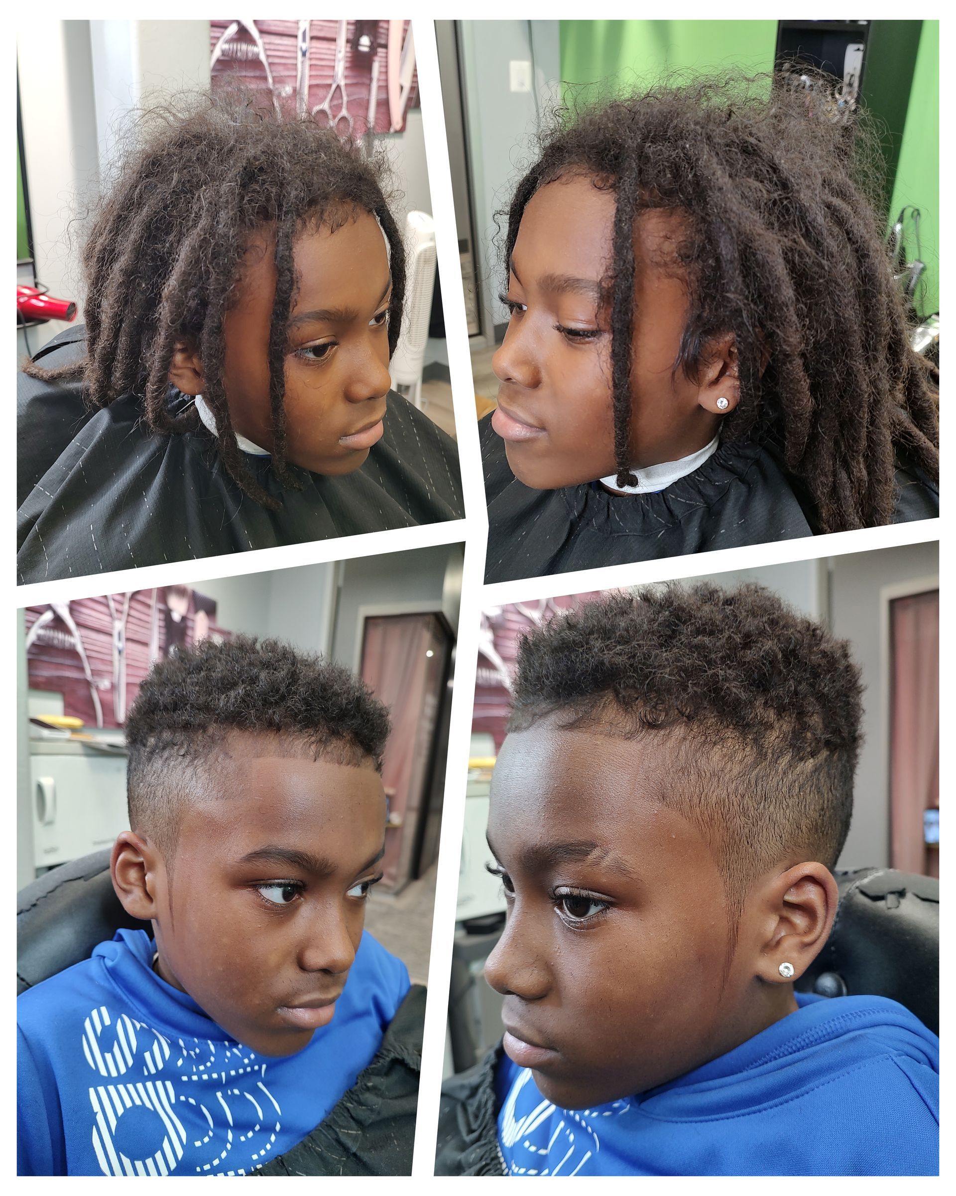 A young boy is getting his hair cut at a barber shop.