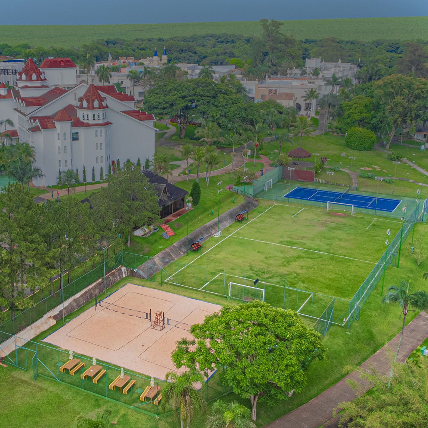 Uma vista aérea de um campo de futebol e quadra de vôlei em um parque.