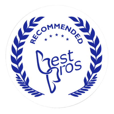 A sticker with a laurel wreath that says recommended chest bros