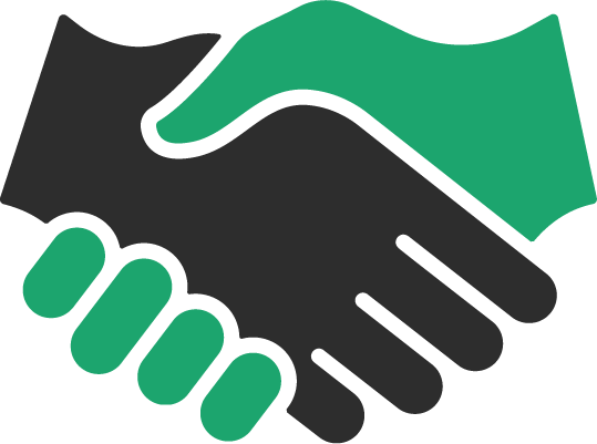 A black and green handshake icon on a white background.