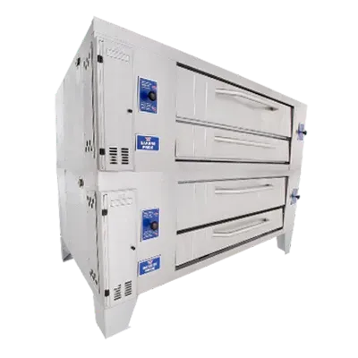 Three-tiered commercial oven with one door open, revealing an empty baking chamber, and illuminated interior.