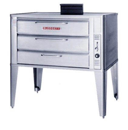 Stainless steel commercial oven with baked goods visible through glass doors.