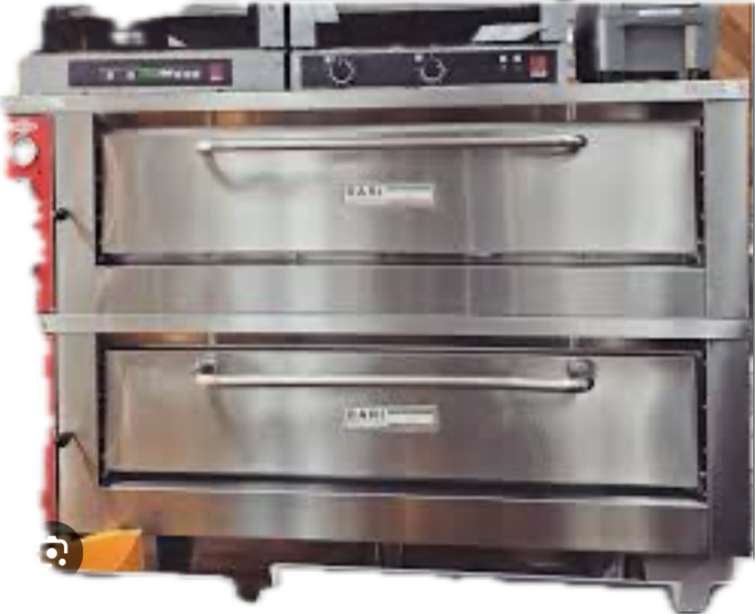 Stainless steel Bari brand commercial oven with pizza being put in