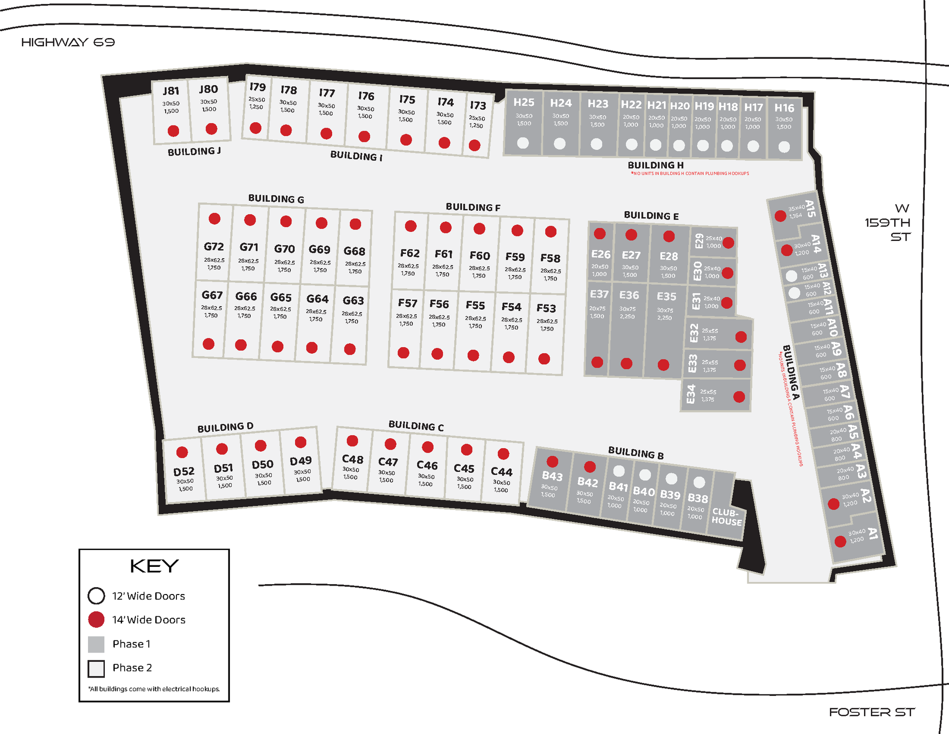 Map of a venue, showing booths with red markers. Key indicates show areas.