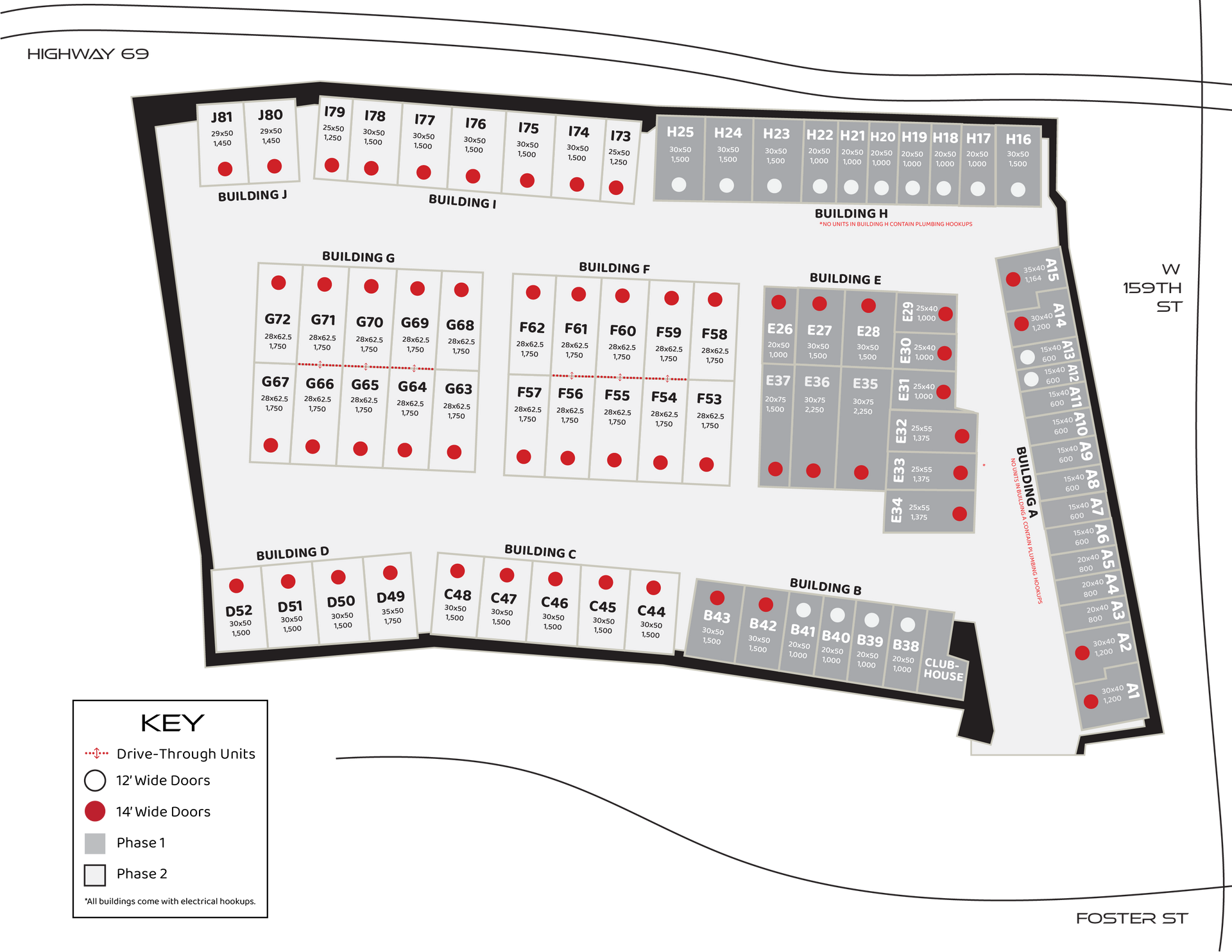 Map of a venue, showing booths with red markers. Key indicates show areas.
