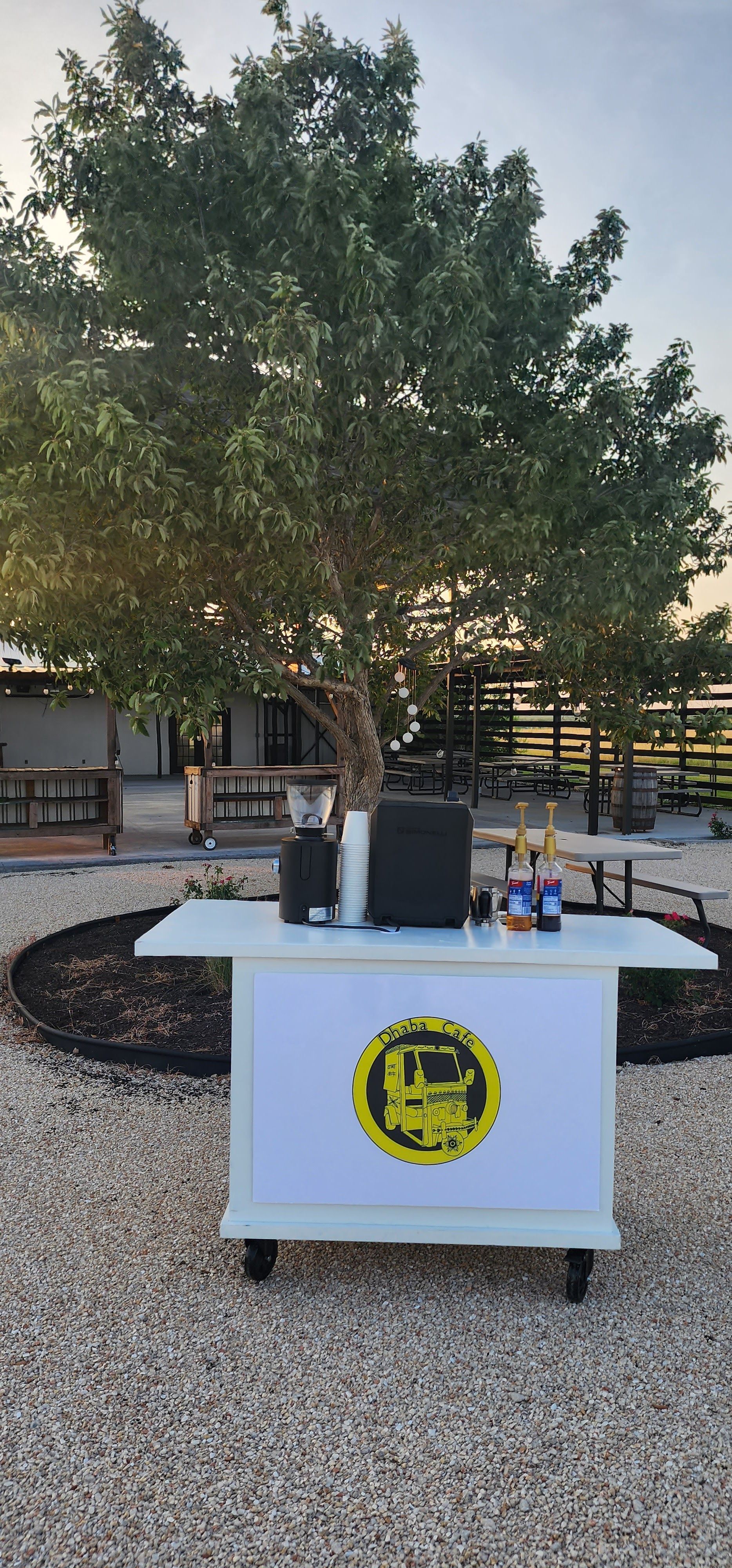 A white table with a tree in the background