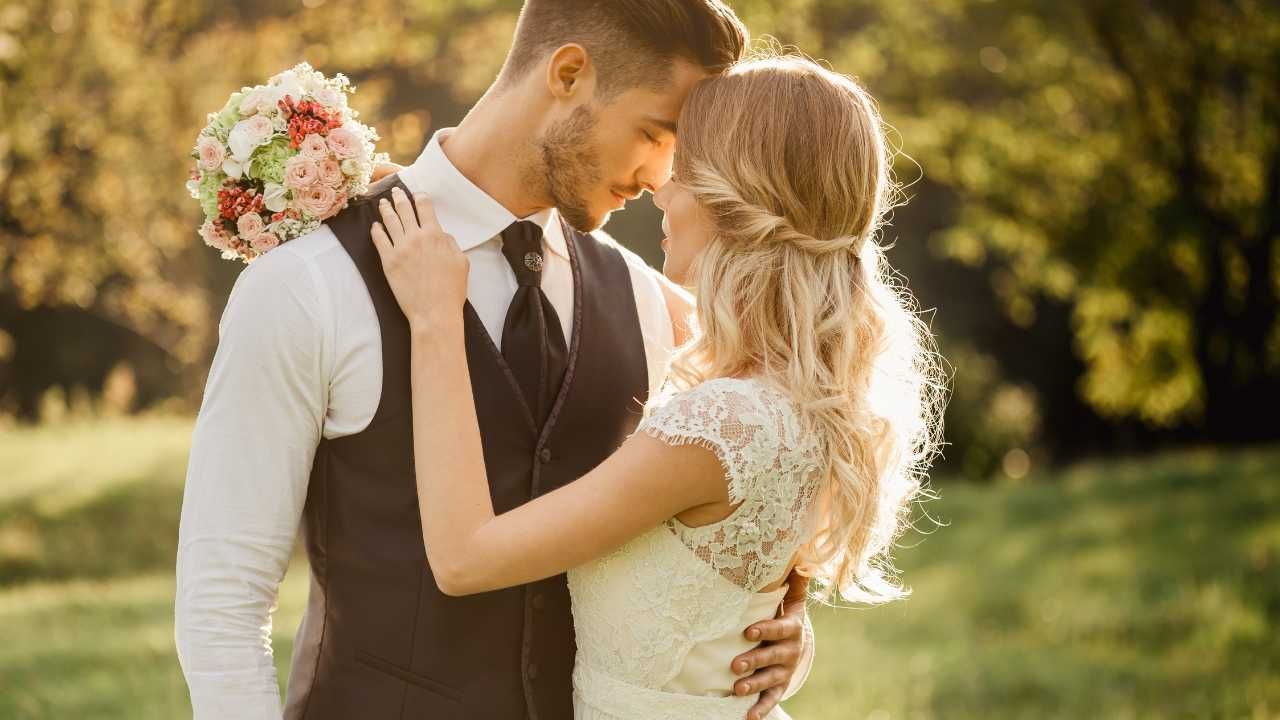 Bride and groom on wedding day.