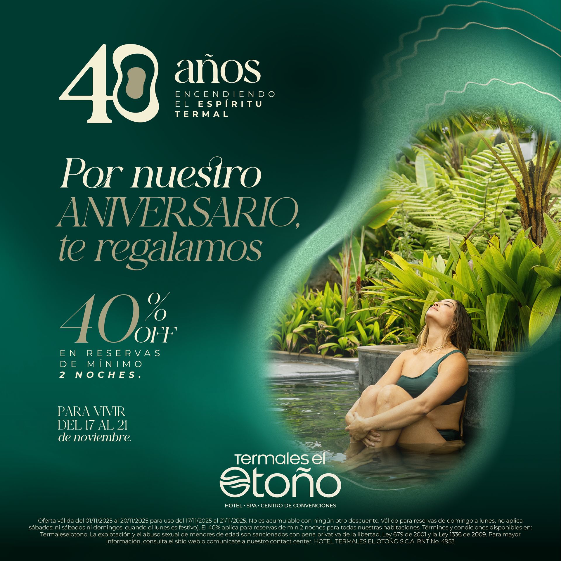 Celebración de los 40 años de Termales El Otoño en Manizales, con piscinas termales rodeadas de naturaleza y el ambiente que representa el Espíritu Termal.