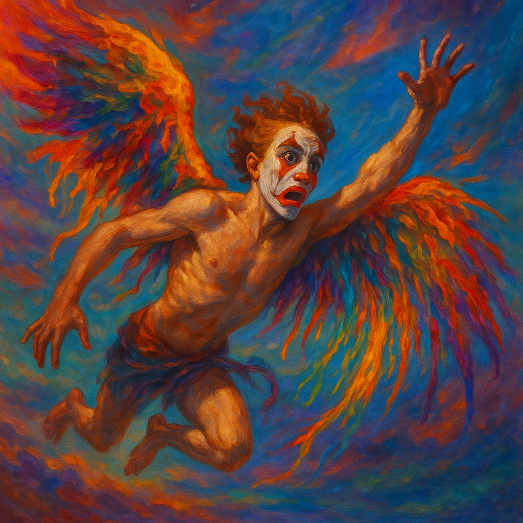 Clown with rainbow wings flies through a blue and orange sky, arms outstretched, frightened expression.