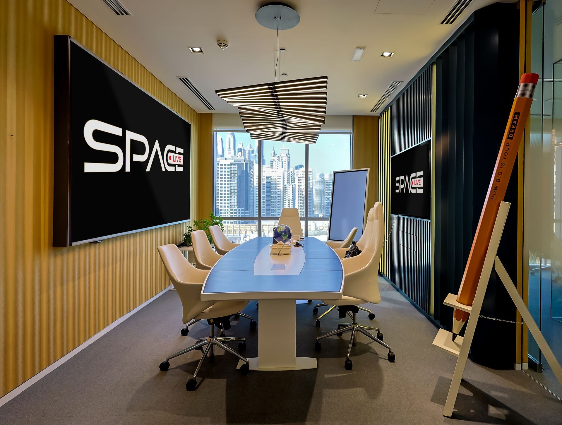 A conference room with a large screen that says space on it