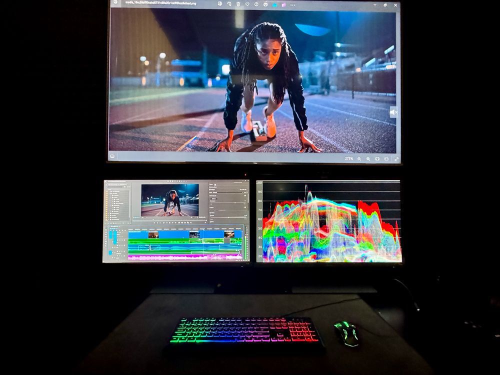 A woman is getting ready to run on a track on a computer screen.