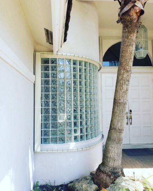 A white building with a curved window and a palm tree in front of it