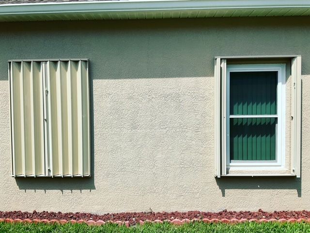 Two windows on the side of a house with shutters on them
