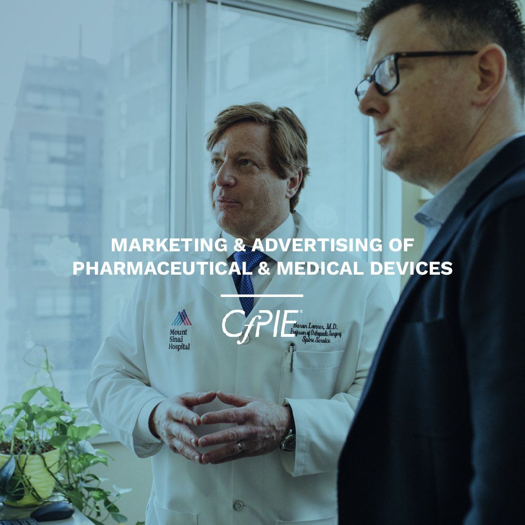 Two men standing next to each other with the words marketing and advertising of pharmaceutical and medical devices