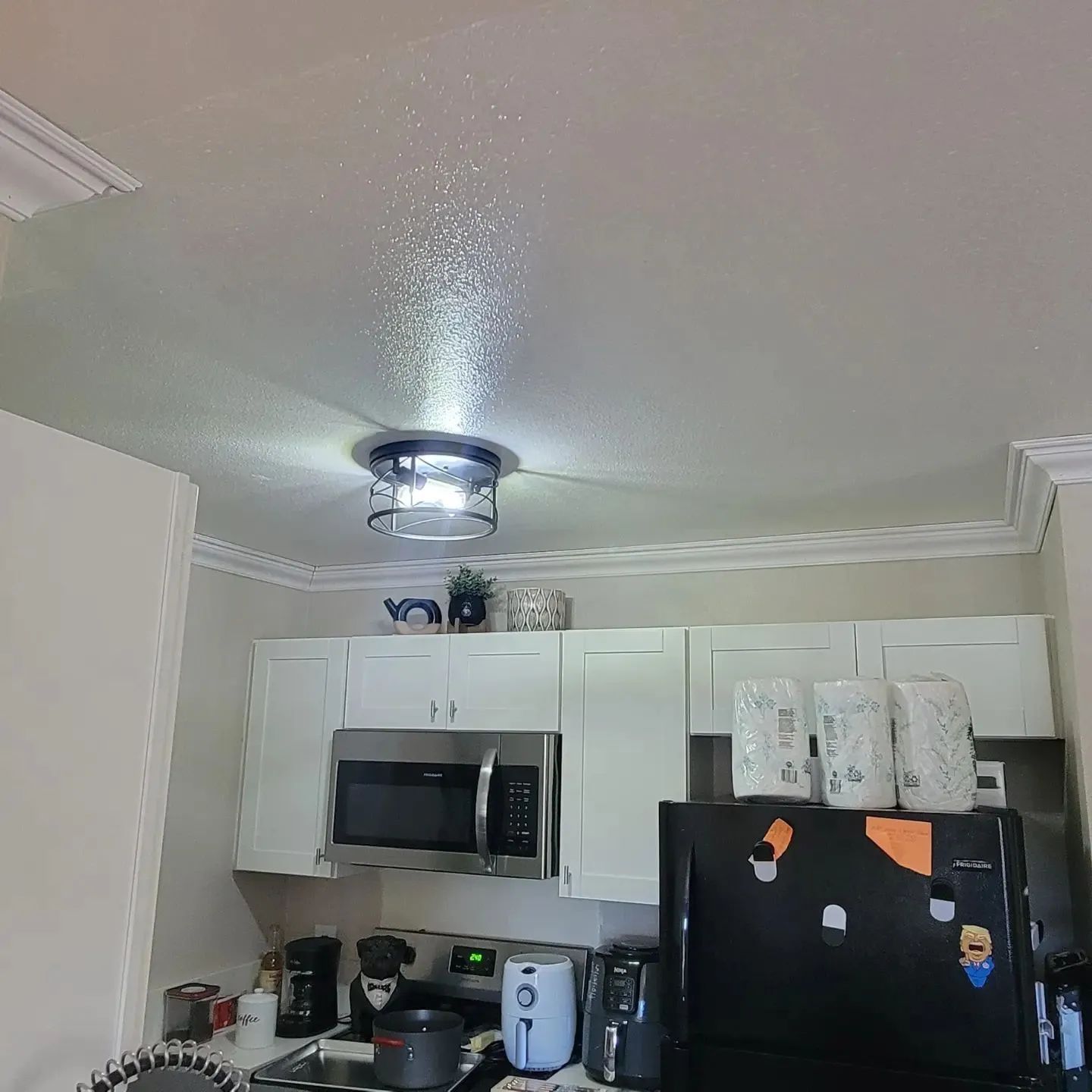Small white kitchen with cabinets, microwave, fridge, and a ceiling light centered above.