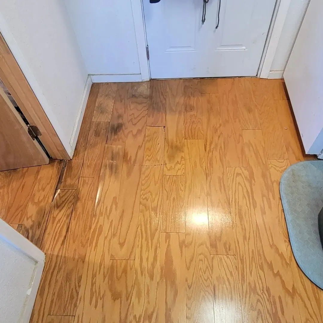 Wooden floor with dark stains in front of a white door and adjacent to a white cabinet.