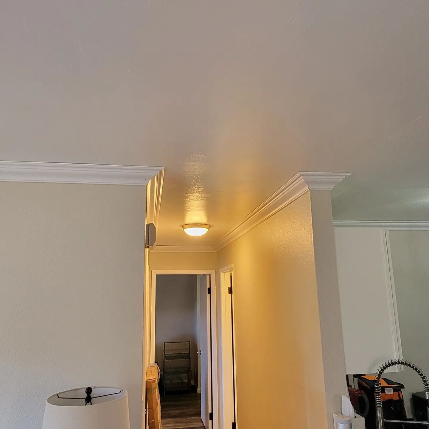 Hallway with light fixture, cream-colored walls, white molding, and an open doorway.