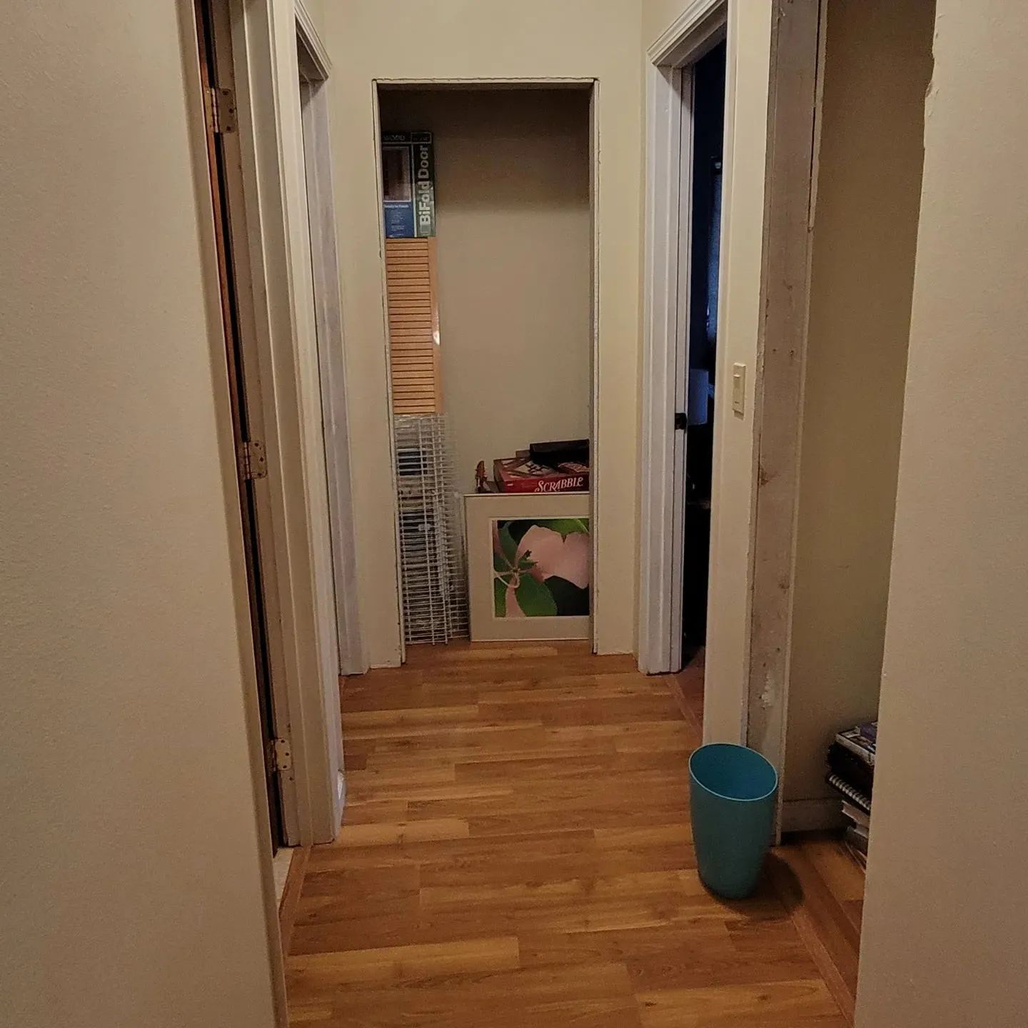 Narrow hallway with wood floor, open doors, and a blue bucket on the right.