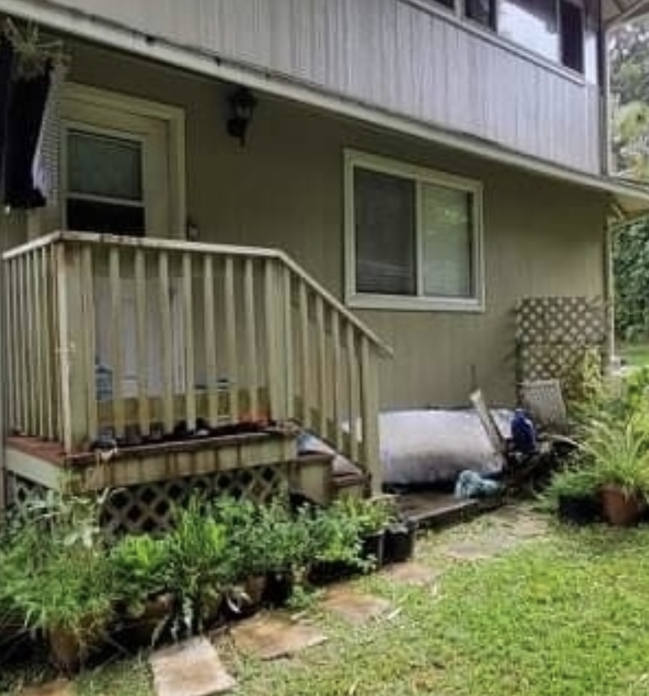 Two-story house with wooden porch, plants, and greenery. The siding is light green.