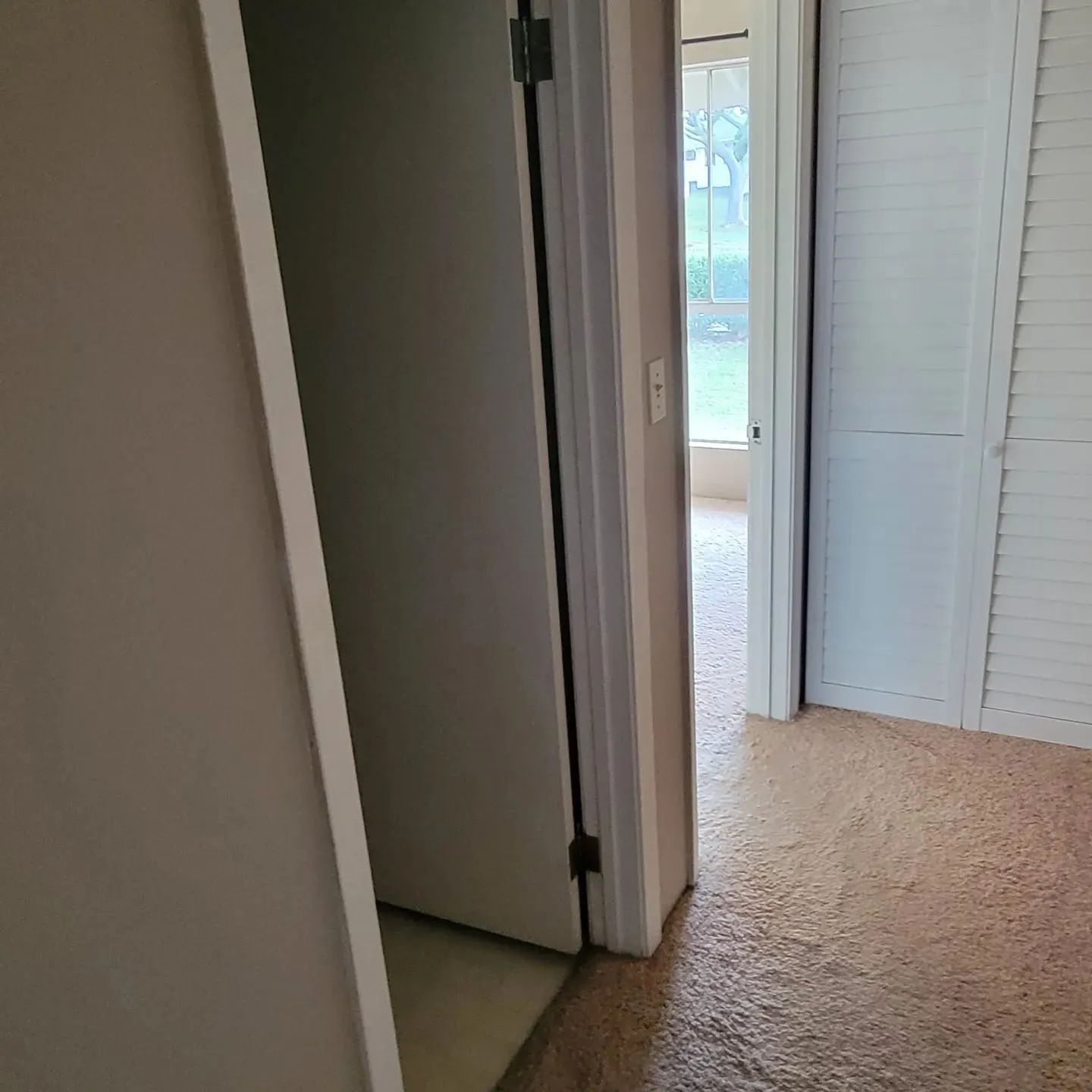Hallway with open doorways, beige carpet, and a view into a bright room with sliding glass doors.