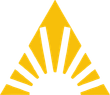 Yellow stylized sun and triangle shape, with radiating lines representing light.
