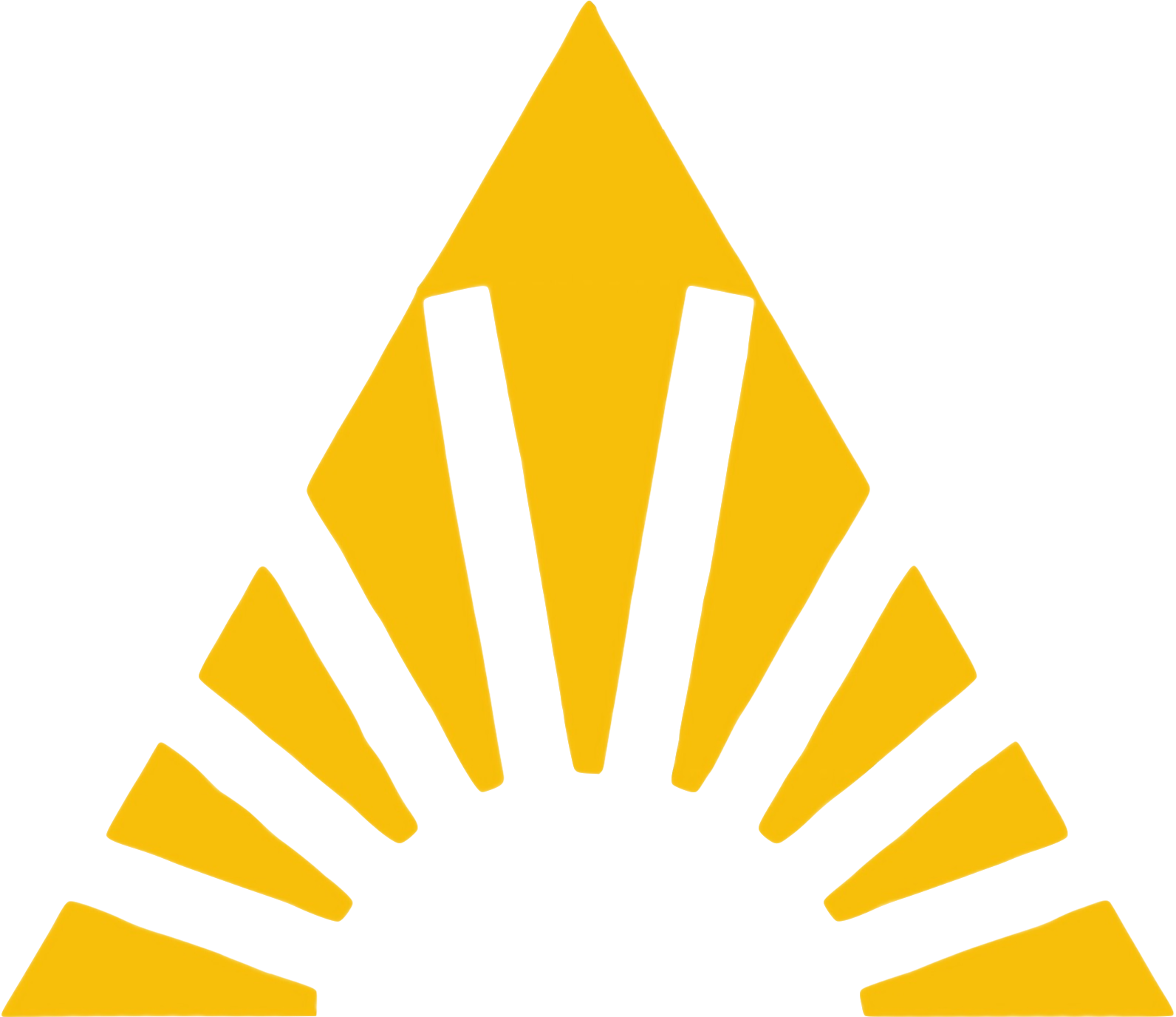 Yellow stylized sun and triangle shape, with radiating lines representing light.