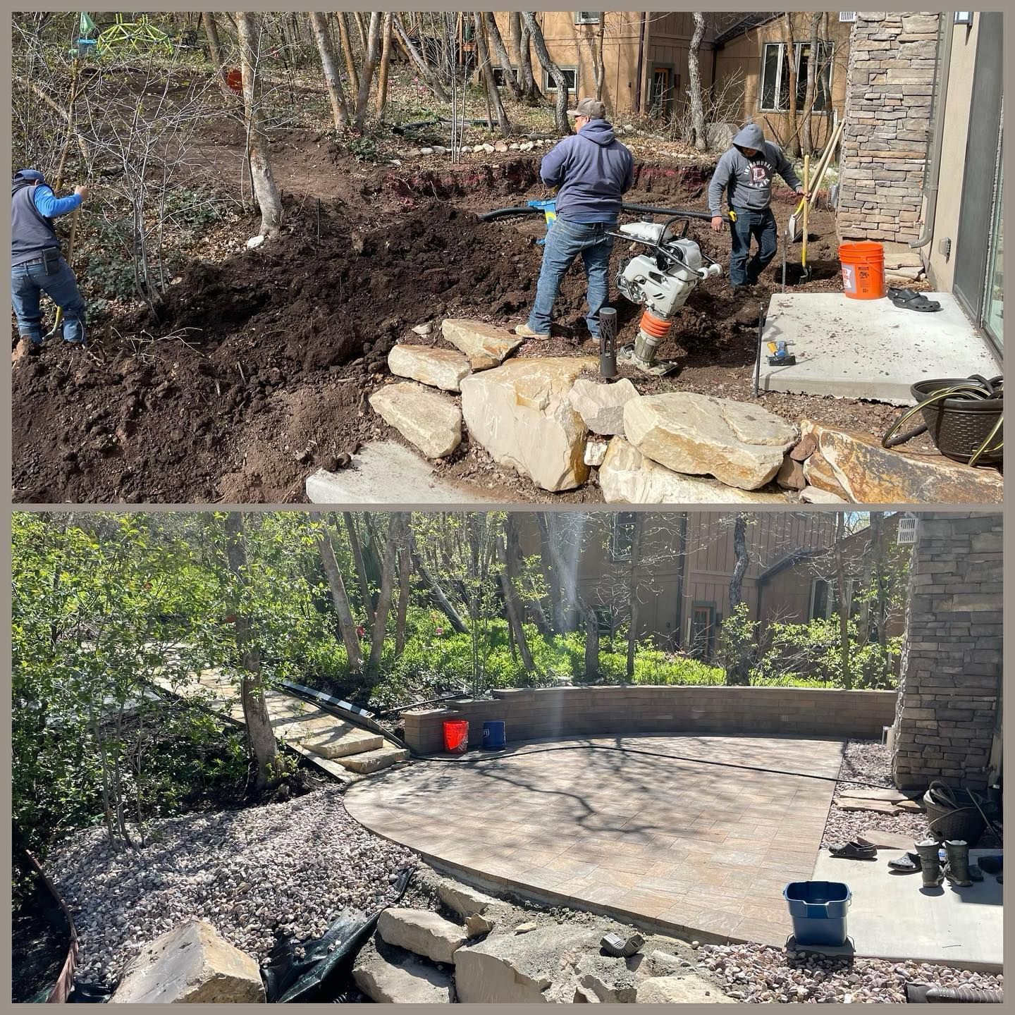 A collage of two pictures of a garden being built.