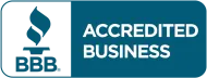 A blue and white sign that says accredited business