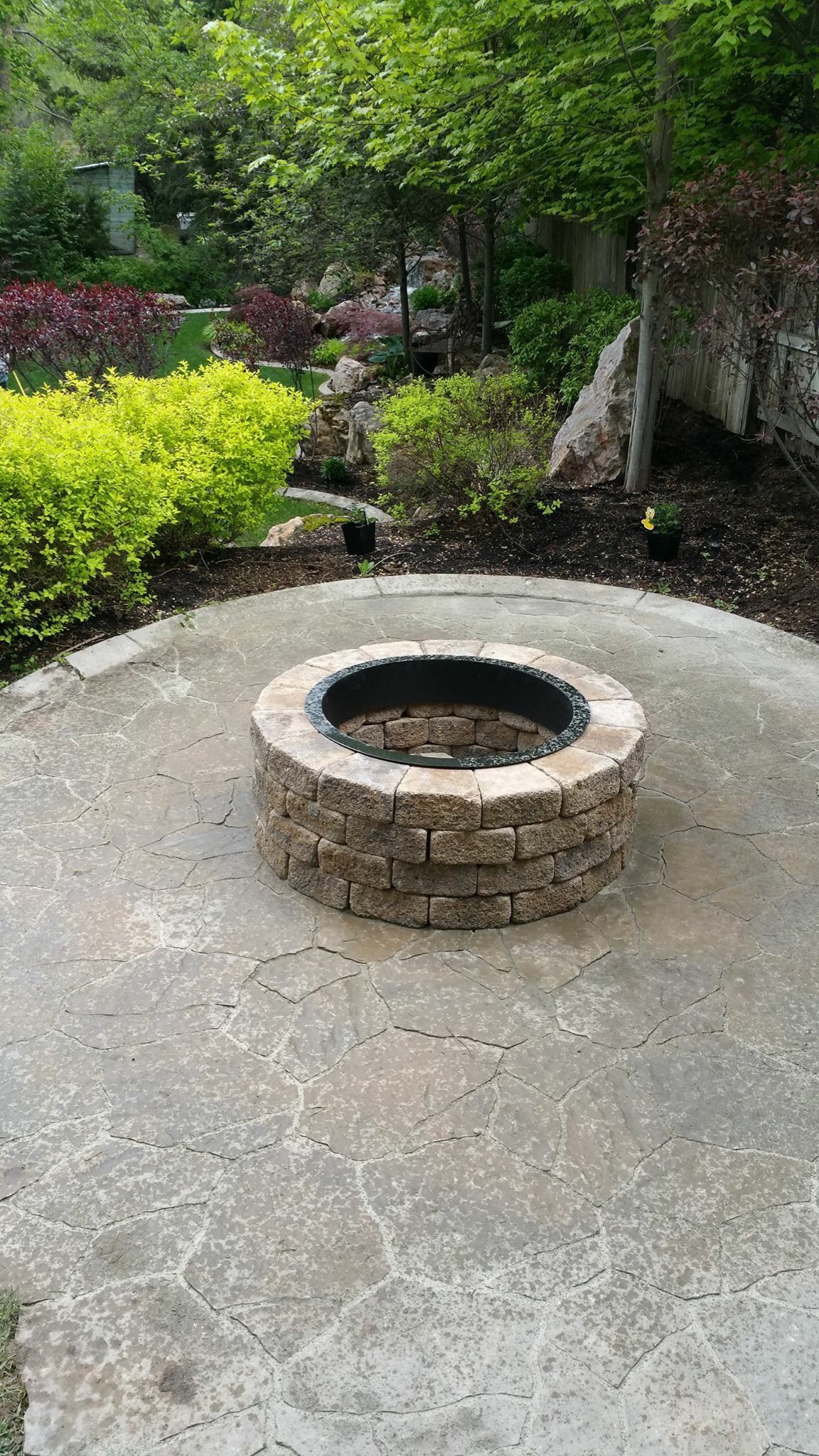 A brick walkway leading to a house surrounded by trees and bushes.